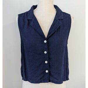 Rachel Zoe Womens 100% Linen Sleeveless Top Small V-Neck Button Up Blouse Blue
